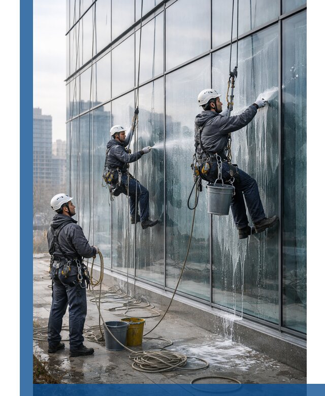 Промышленная мойка панорамных окон на высоте в Шелехове