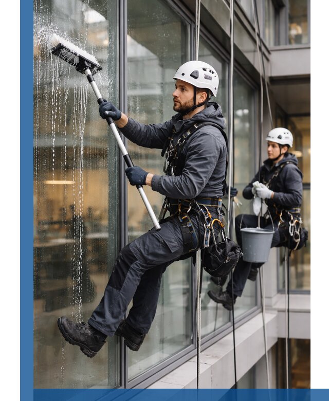 Профессиональная мойка витражей промышленными альпинистами в Шелехове