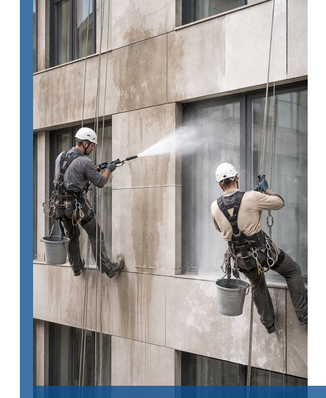 Послестроительная мойка фасада промышленным альпинизмом в Шелехове