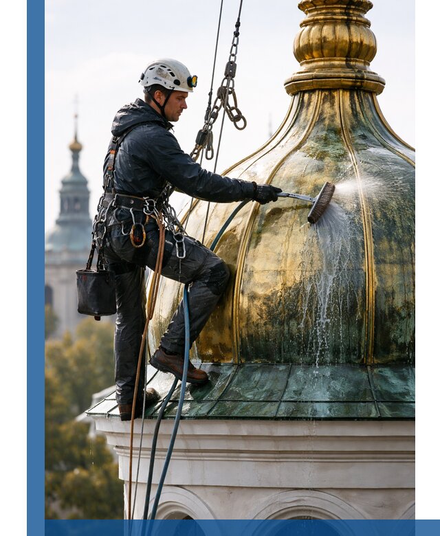 Профессиональная мойка куполов и шпилей высотными альпинистами в Шелехове