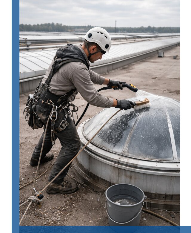 Мойка зенитных фонарей на кровле для промышленных объектов в Шелехове