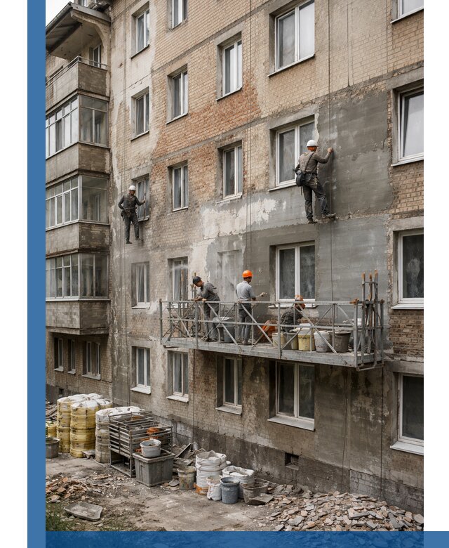 Капитальный ремонт фасада в Шелехове с восстановлением и гидроизоляцией