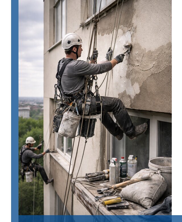 Косметический ремонт фасада зданий в Шелехове промышленными альпинистами