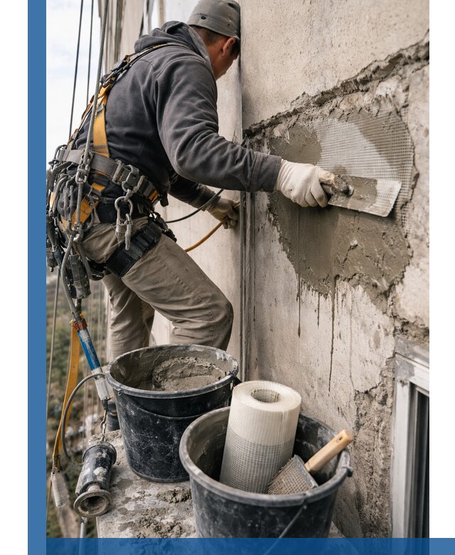 Ремонт бетонных элементов фасада промышленными альпинистами в Шелехове