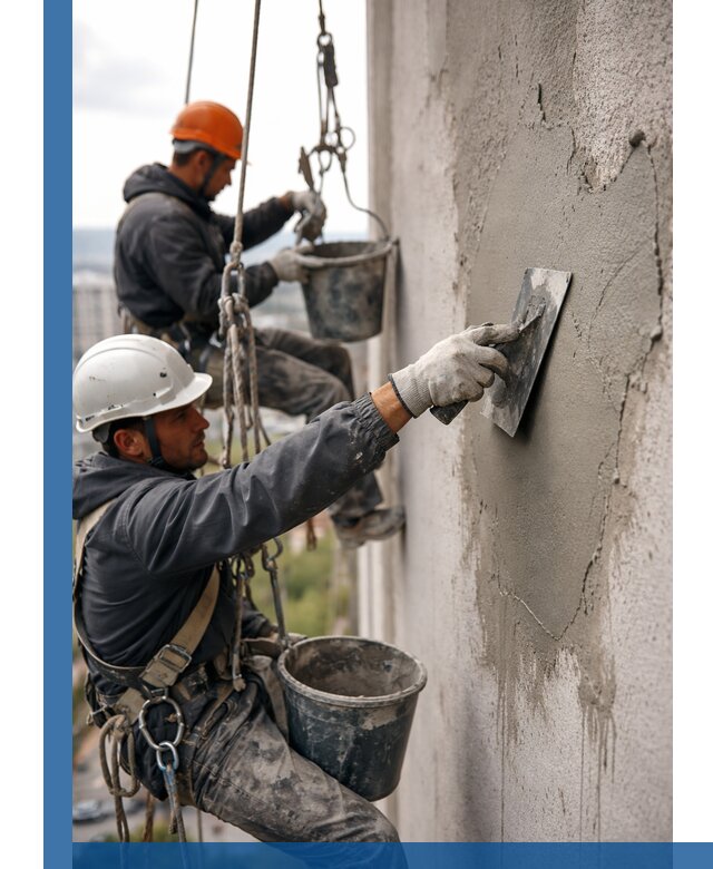 Штукатурка фасада на высоте в Шелехове профессиональные работы