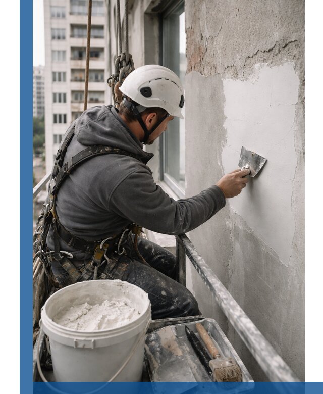 Шпаклевка фасадов на высоте с промальпинистами в Шелехове