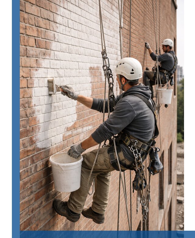 Покраска кирпичного фасада с доступным альпинистским сервисом в Шелехове