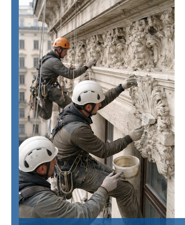 Реставрация фасадной лепнины с высотными работами в Шелехове