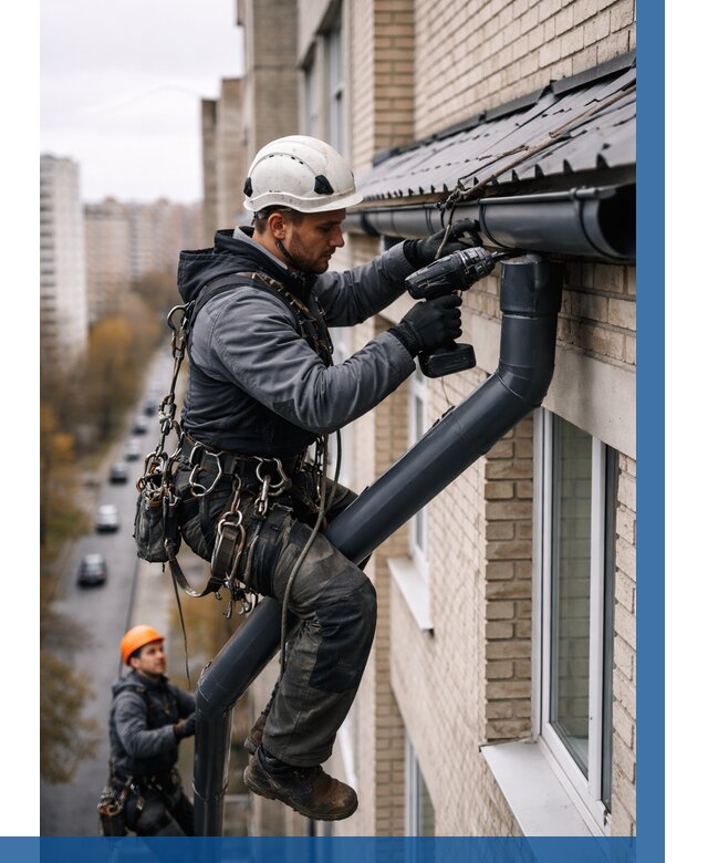 Монтаж водосточной системы на здании в Шелехове от 5358 р. | ВЫСОТНИК-Шлх