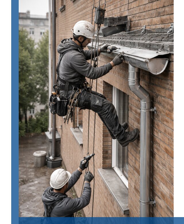 Монтаж водосточной системы на здании в Шелехове под ключ