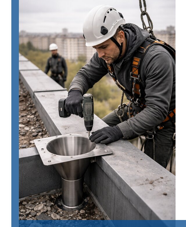 Монтаж водосточных воронок в Шелехове для промышленных зданий