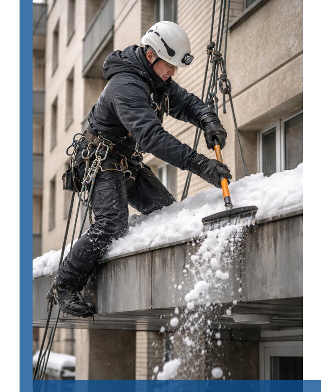 Очистка козырьков от снега в Шелехове круглогодично безопасно