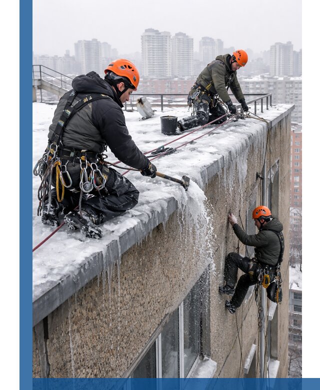 Удаление наледи с кровли в Шелехове промышленными альпинистами