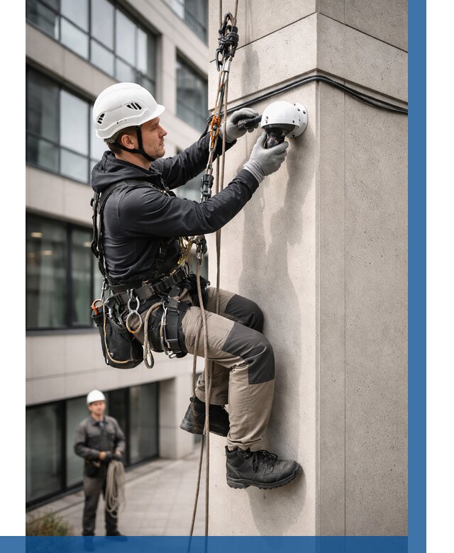 Монтаж камер видеонаблюдения на фасаде в Шелехове от 9108 р.-ВЫСОТНИК-Шлх