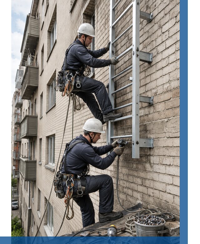 Монтаж пожарной лестницы в Шелехове от 26788 р заказать у ВЫСОТНИК-Шлх