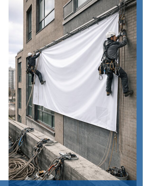 Монтаж баннеров на фасаде в Шелехове от 696 р. заказать ВЫСОТНИК-Шлх