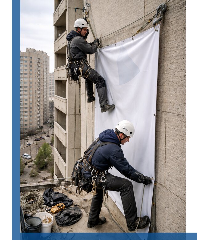 Профессиональный монтаж баннеров на фасаде в Шелехове