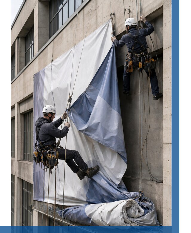 Демонтаж баннеров с фасада в Шелехове от 4822 р. | ВЫСОТНИК-Шлх