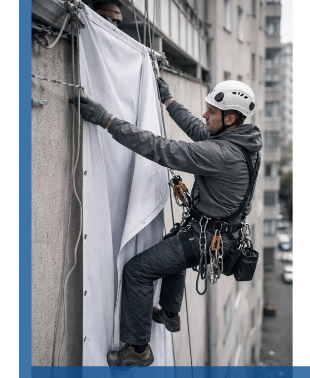 Замена баннерного полотна промышленными альпинистами в Шелехове