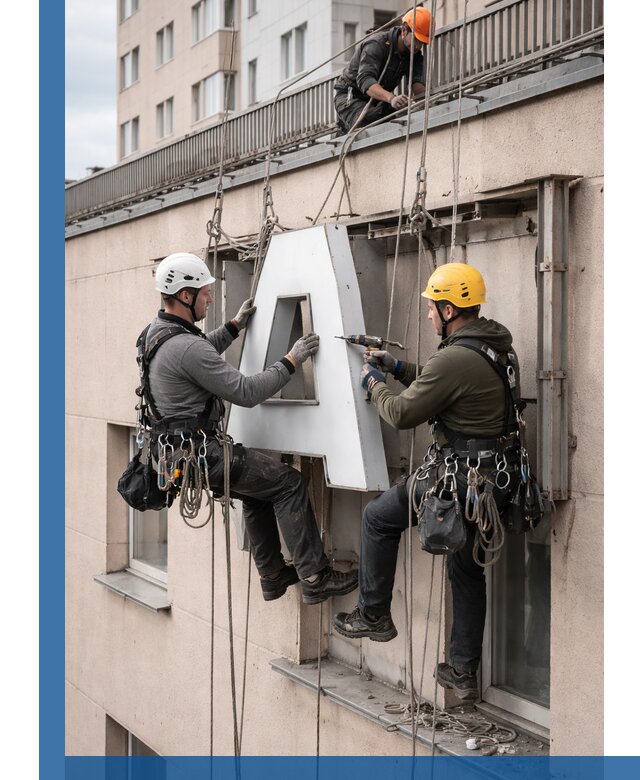 Ремонт и восстановление наружных вывесок на высоте в Шелехове