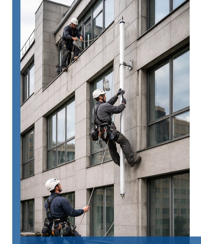 Монтаж флагштока на фасаде здания с креплением и герметикой в Шелехове