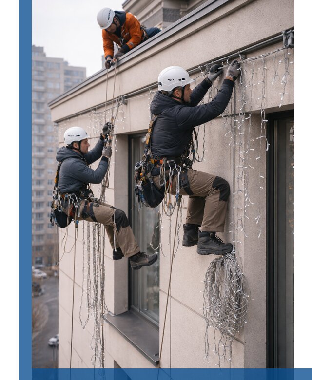 Монтаж праздничных гирлянд на фасаде в Шелехове для зданий