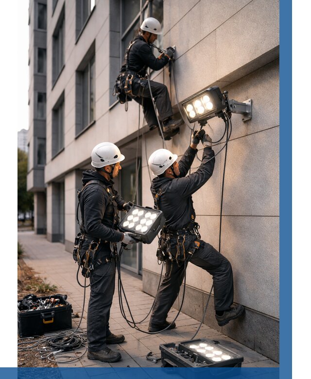 Монтаж прожекторов на фасаде в Шелехове от 8036 р. | ВЫСОТНИК-Шлх