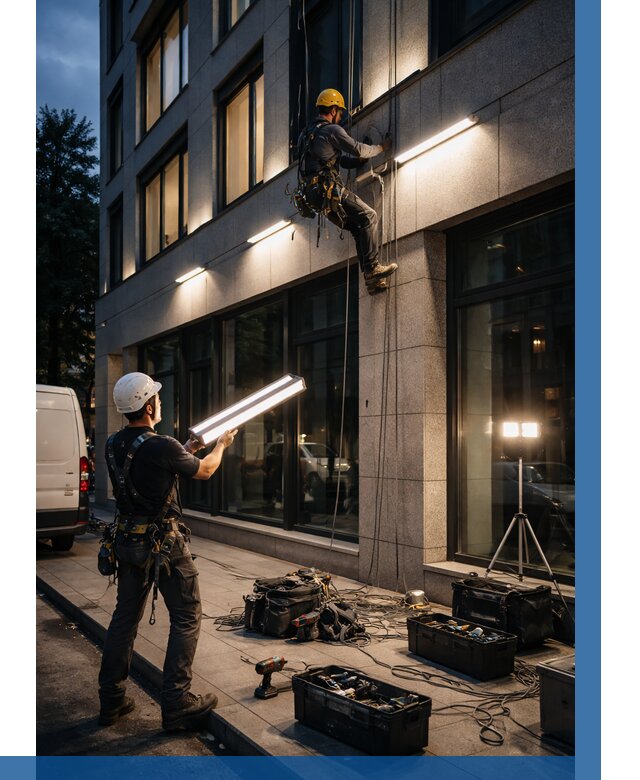 Монтаж архитектурной подсветки здания в Шелехове от 2679 р.|ВЫСОТНИК-Шлх