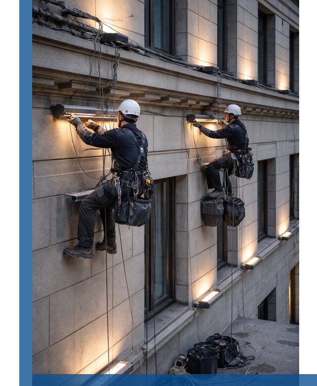 Монтаж архитектурной подсветки фасадов зданий в Шелехове