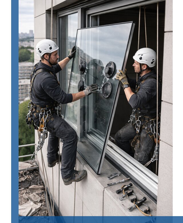 Замена стеклопакетов на высоте с промышленными альпинистами в Шелехове