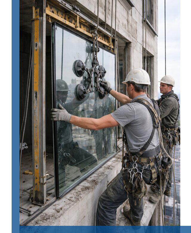 Монтаж стеклопакетов на высоте в Шелехове с промышленным альпинизмом
