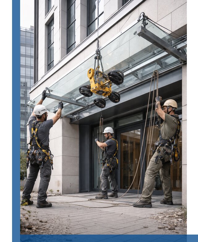 Монтаж стеклянных козырьков под ключ в Шелехове для зданий