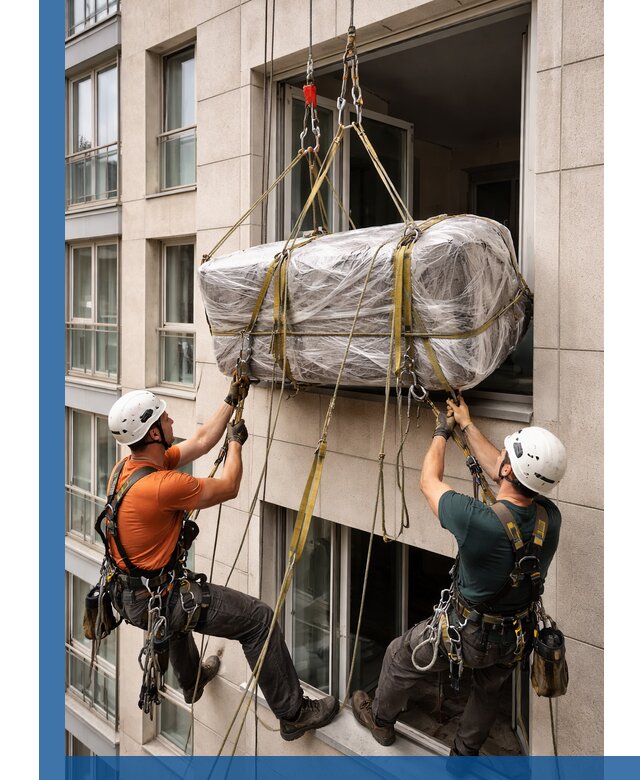 Подъем грузов через окно в Шелехове промышленными альпинистами