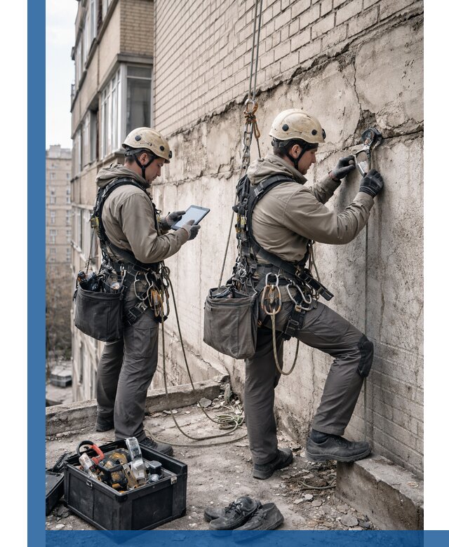 Обследование фасада промышленными альпинистами в Шелехове